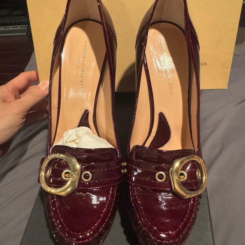 Alessandro Dell'Acqua Deep Red Patent Heels with Gold Buckle